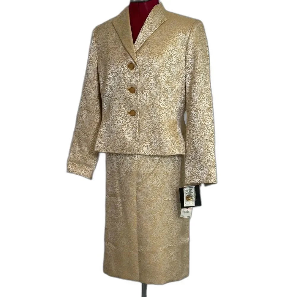 NWT Le Suit Skirt Suit Women Size 10P/14P Gold/Cream 2-Piece Set Blazer & Skirt